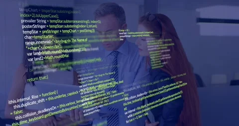 Man holding tablet pointing screen starting code overlay covering team checking Stock Footage 330893728
