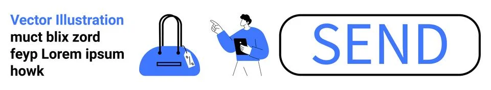 Man holding tablet, pointing at text beside a blue bag and SEND button. Ideal Stock Illustration