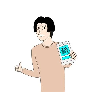 Man is holding a tablet with a QR code on it 스톡 일러스트