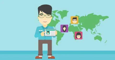 Man holding tablet with social network Illustrazione stock