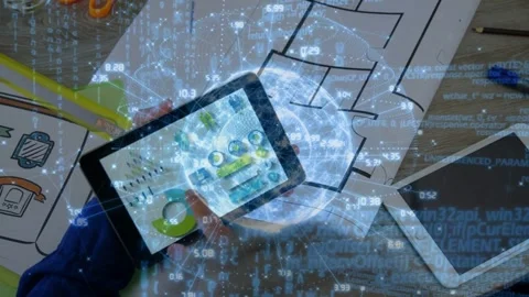 Man holding tablet, tapping and swiping, causing 3D globe and nodes shifting Stock Footage 334743973