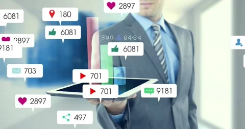 Man holding tablet tapping green button, generating badges and 3D bar chart for Stock Footage 330547115