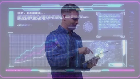 Man holding tablet tapping screen and activating tech UI, showing graph right Stock Footage 321979275