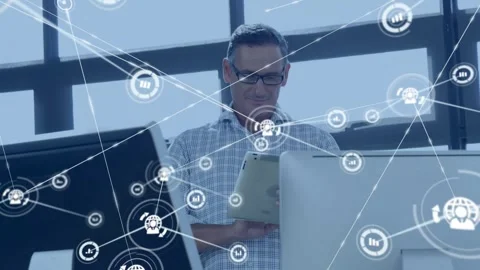 Man holding tablet tapping, UI node popping by tablet growing network on screens Video stock 330936140