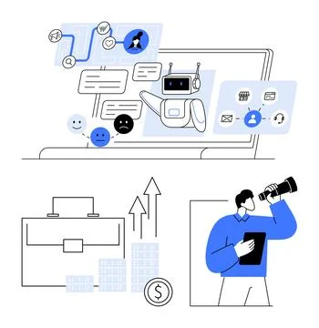Man holding a tablet while using binoculars, laptop screen with chatbot, fina Illustrazione stock