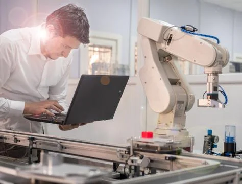 Man is holding teach panel to control a robot arm on smart factory Stock Photos