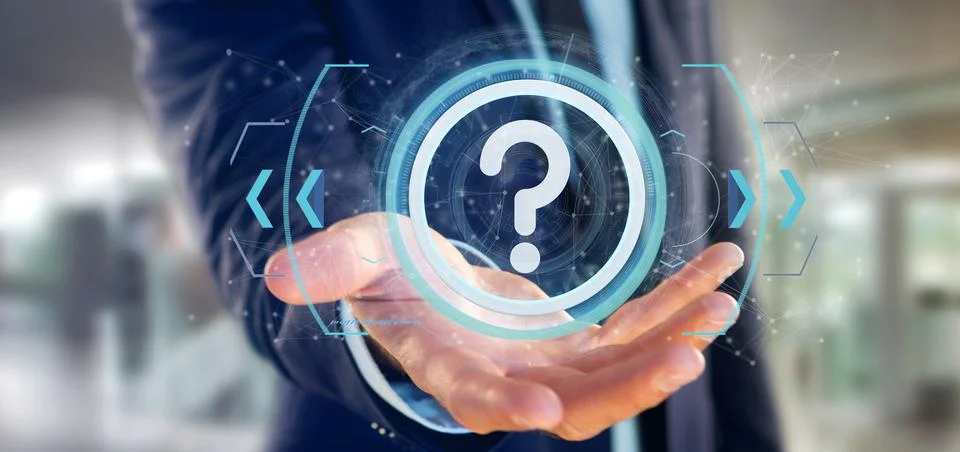 Man holding a Technology question mark icon on a circle 3d rendering Stock Illustration