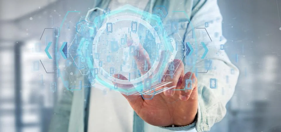 Man holding a Technology question mark icon on a circle 3d rendering Stock Photos
