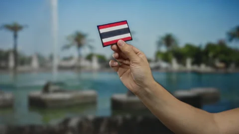 Man holding thailand flag patch in sunny park setting with blurred fountain.. Vídeos de archivo 306853819