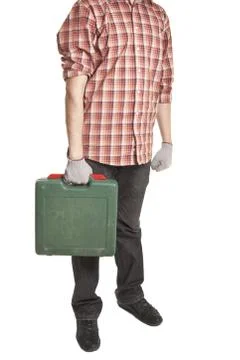 Man holding toolbox in hand Stock Photos