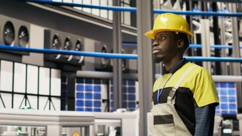 Man holding toolbox walking in factory, inspecting systems Stock Footage 308717918