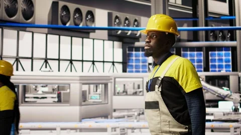Man holding toolbox walking in factory, inspecting systems Stock Footage 308727819