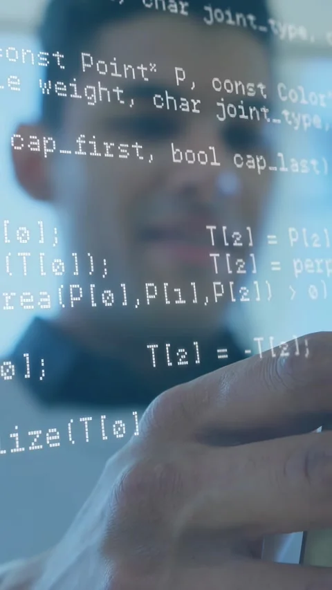 Man holding touchscreen device, tapping and scrolling code overlay, reviewing Stock Footage 330395302