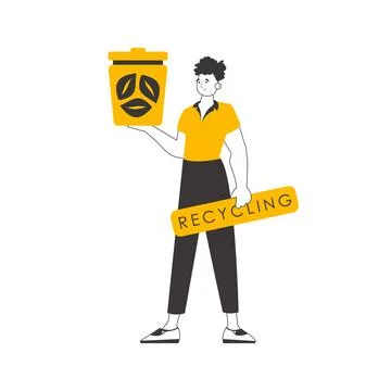 A man is holding a trash can. The concept of recycling plastic and waste. L.. Stock Illustration