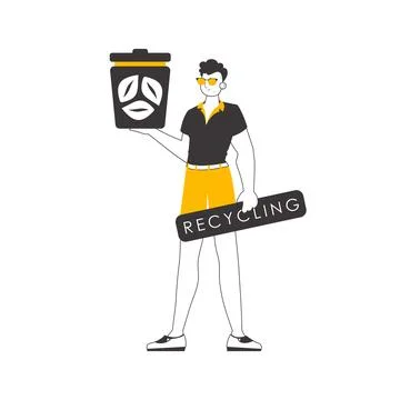A man is holding a trash can. The concept of recycling plastic and waste. L.. Stock Illustration