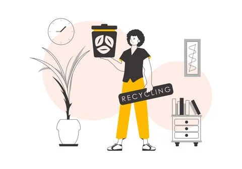 A man is holding a trash can. The concept of recycling plastic and waste. Lin Stock Illustration