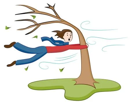 Man Holding On To Tree on Windy Day Stock Illustration