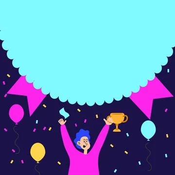 Man Holding Trophy Celebrating Performance Surrounded With Balloons. Happy 스톡 일러스트