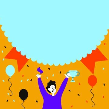 Man Holding Trophy Celebrating Performance Surrounded With Balloons. Happy Stock Illustration