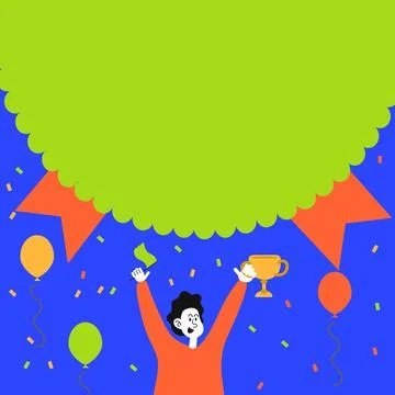 Man Holding Trophy Celebrating Performance Surrounded With Balloons. Happy 스톡 일러스트