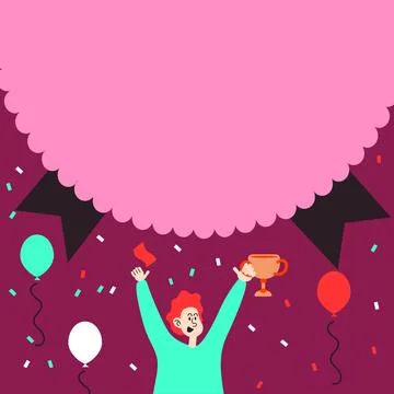 Man Holding Trophy Celebrating Performance Surrounded With Balloons. Happy 스톡 일러스트