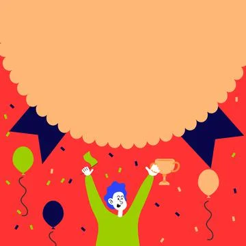 Man Holding Trophy Celebrating Performance Surrounded With Balloons. Happy 스톡 일러스트