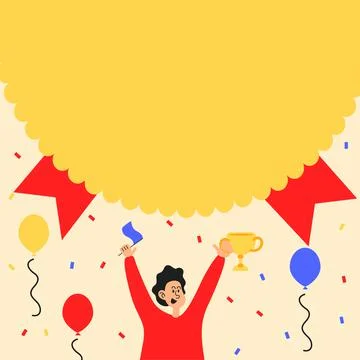 Man Holding Trophy Celebrating Performance Surrounded With Balloons. Happy Illustrazione stock