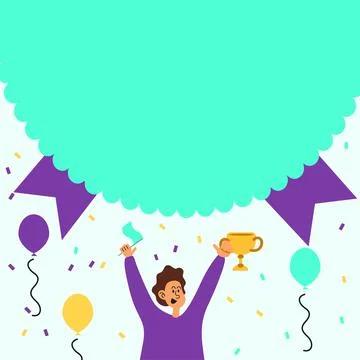 Man Holding Trophy Celebrating Performance Surrounded With Balloons. Happy 스톡 일러스트