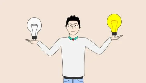 A man is holding two light bulbs in his hands, one of which is yellow Illustrazione stock