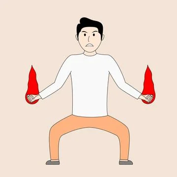 A man is holding two red fireballs in his hands, looking angry Stock Illustration
