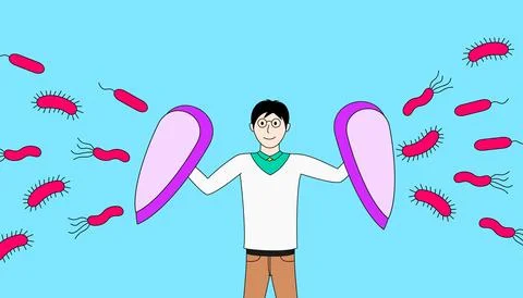 A man holding two shields, using a shield to protect against a large number.. Illustrazione stock