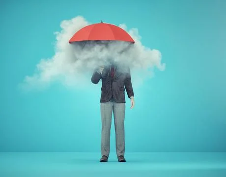 Man holding an umbrella with a cloud inside. Useless and fail concept. Anxi.. Illustrazione stock