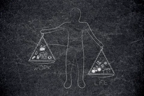 Man holding unbalanced scale plates with work and life icons Stock Illustration