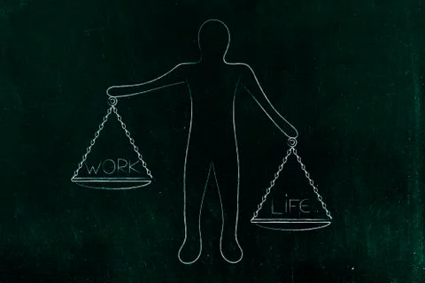 Man holding unbalanced scale plates with more life than work Stock Illustration
