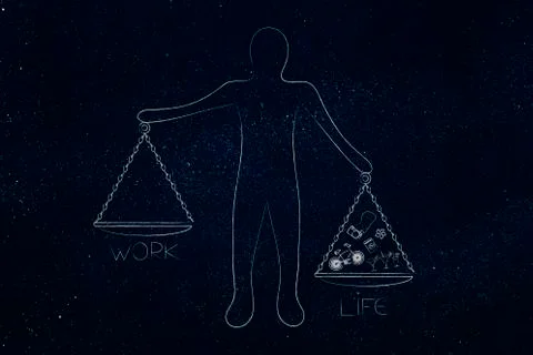 Man holding unbalanced scale plates with lots of personal life and empty work Stock Illustration