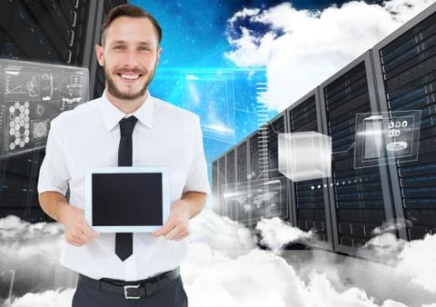 Man holding using digital tablet against data base center in background Foto stock