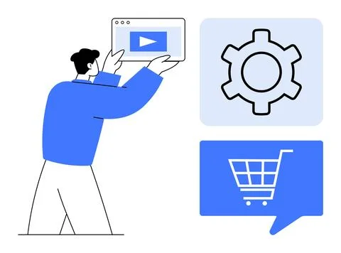 Man Holding Video Player Interface with Gear and Shopping Cart Icons Illustrazione stock