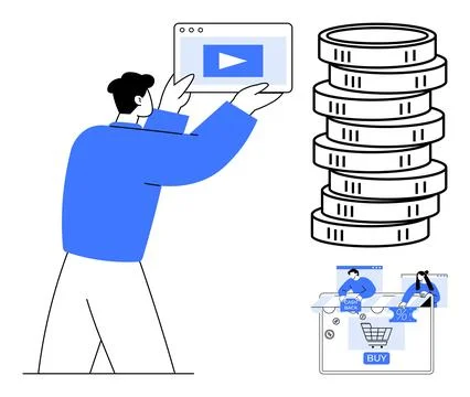 Man Holding Video Player Interface with Coin Stacks and Shopping Cart Promoti Ilustração Stock