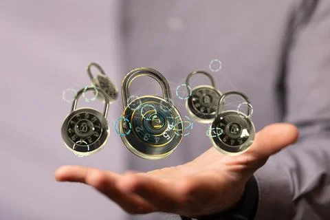 Man holding the virtual 3D padlock icons symbolizing data security Stock Photos
