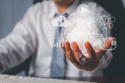 Man holding virtual globe with  network connecting icons on hand. Innovation  Foto stock