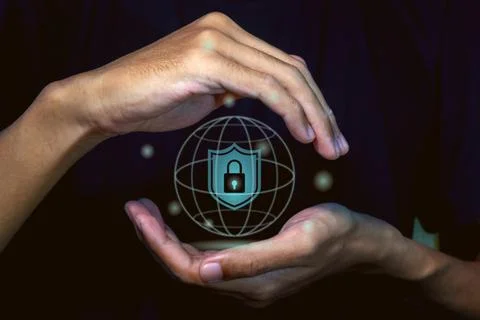 A man holding virtual shield protect icon. Information and cyber security o.. 스톡 사진