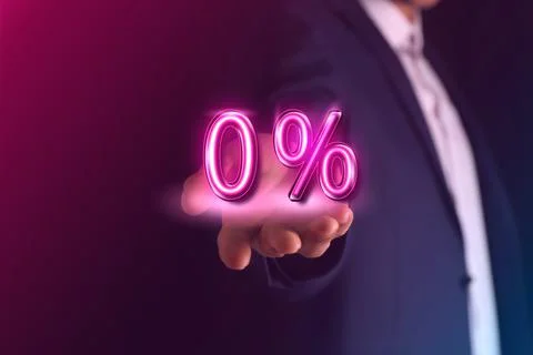 Man holding virtual sign of Zero Percent on color background, closeup. Specia Foto stock
