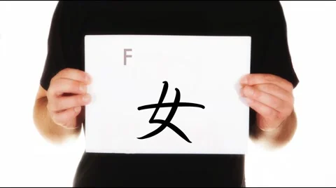 Man holding white message board with Chinese character for female calligraphy Video stock 45873772