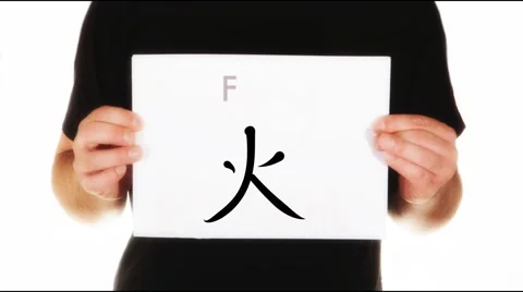 Man holding white message board with Chinese character for fire calligraphy Stock Footage 45873945