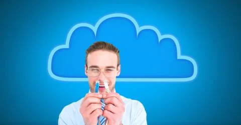 Man holding wire connection with cloud Stock Photos