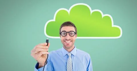 Man holding wire connection with cloud Foto stock
