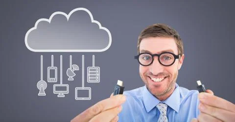 Man holding wire connection with cloud devices Foto stock