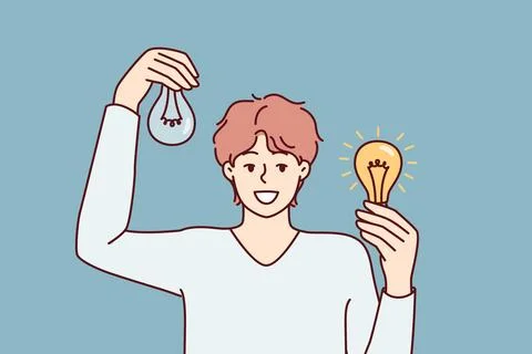 Man holding working and broken light bulbs to show off self-made electricity Stock Illustration