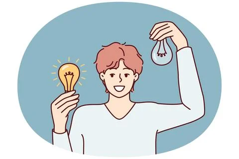 Man holding working and broken light bulbs to show off self-made electricity Stock Illustration