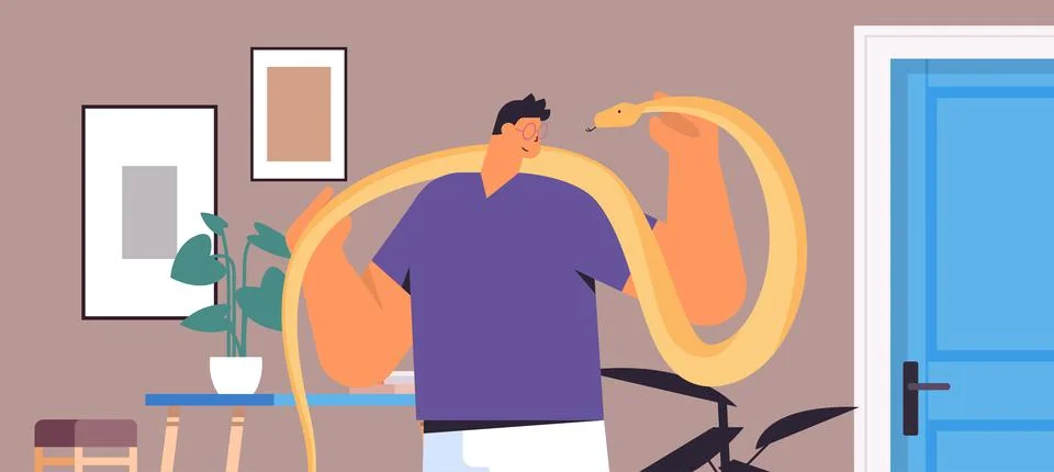 Man holding yellow python snake guy having dangerous reptile pet living room Stock Illustration